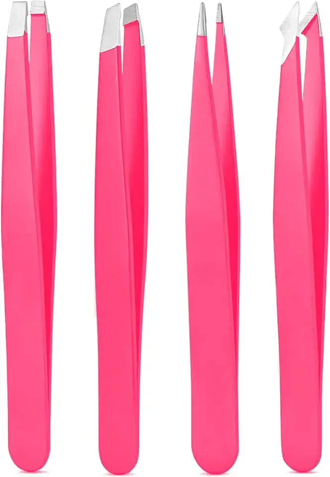 Tweezers Set, High Precision Stainless Steel Eyebrow Tweezers for Facial Hair, Inward Growing Hair and Splinter Remover Kit, Suitable for Women and Men, 4-Piece Set. (pink)