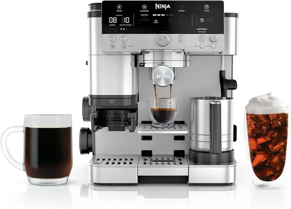 Ninja R-ES601 Luxe Café Premier Series Espresso Machine, Drip Coffee, Cold Brew, Grinder, Tamper, Frother, Silver (Renewed) | Drip Coffee, Cold Brew, Grinder, Tamper, Frother, Silver