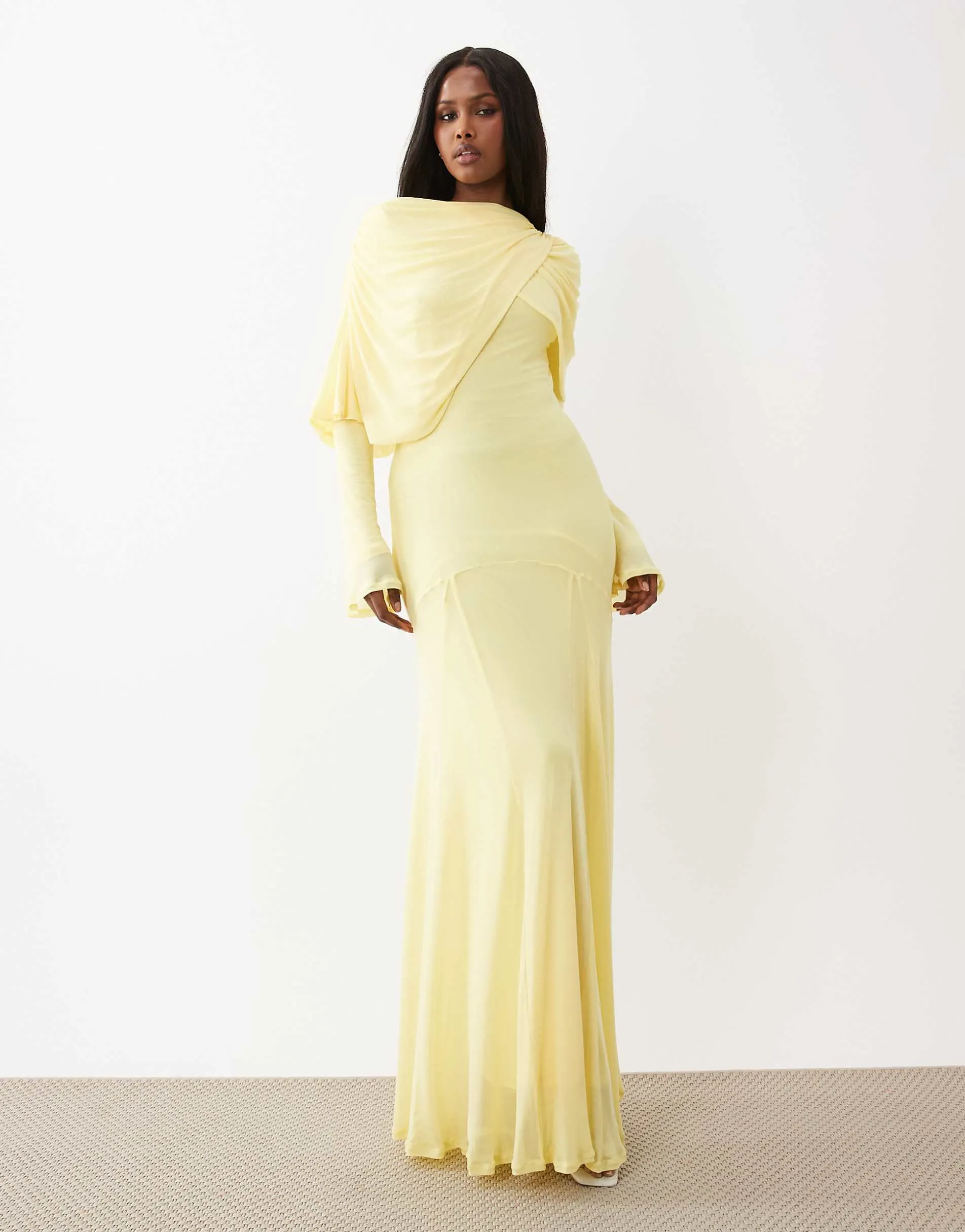 ASOS DESIGN modesty mesh maxi dress with overlay draped neckline detail in lemon