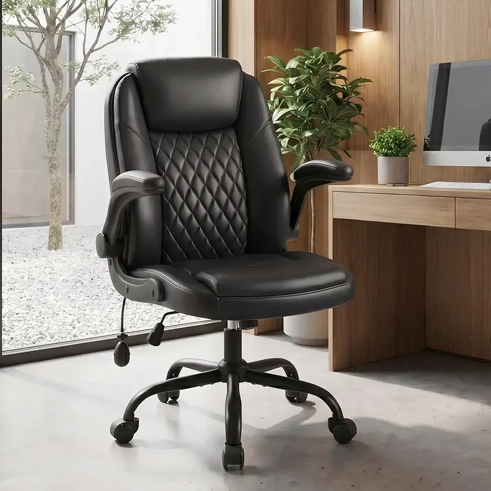 MALOL Leather Office Chair, Computer Desk Chair with Adjustable Lumbar Support, Thick Cushion, Flip-Up Arms and Ergonomic Back, Comfy Executive Office Chair for Home Office Gaming,Black