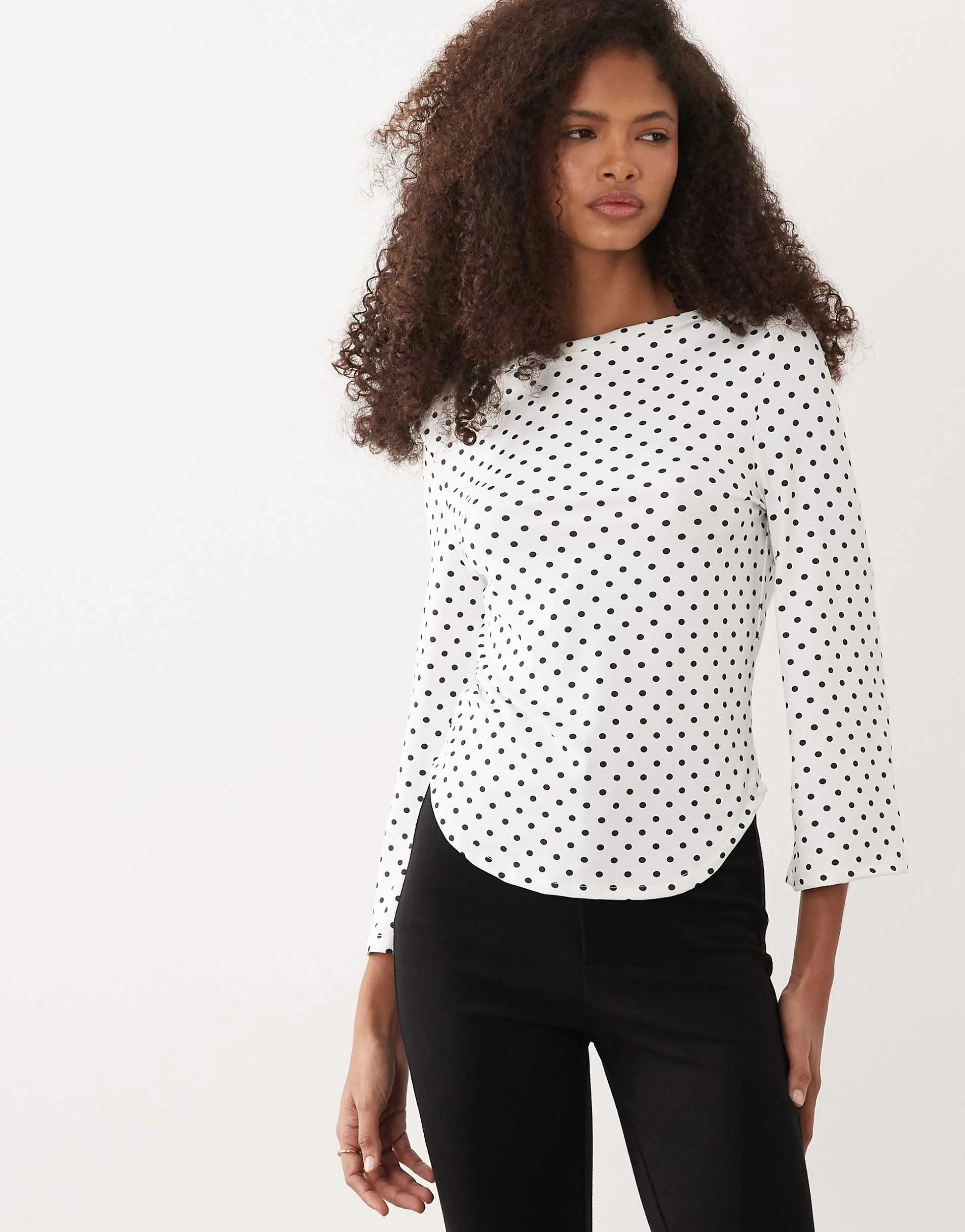 ASOS DESIGN 3/4 sleeve top with boat neck in mono polka dot
