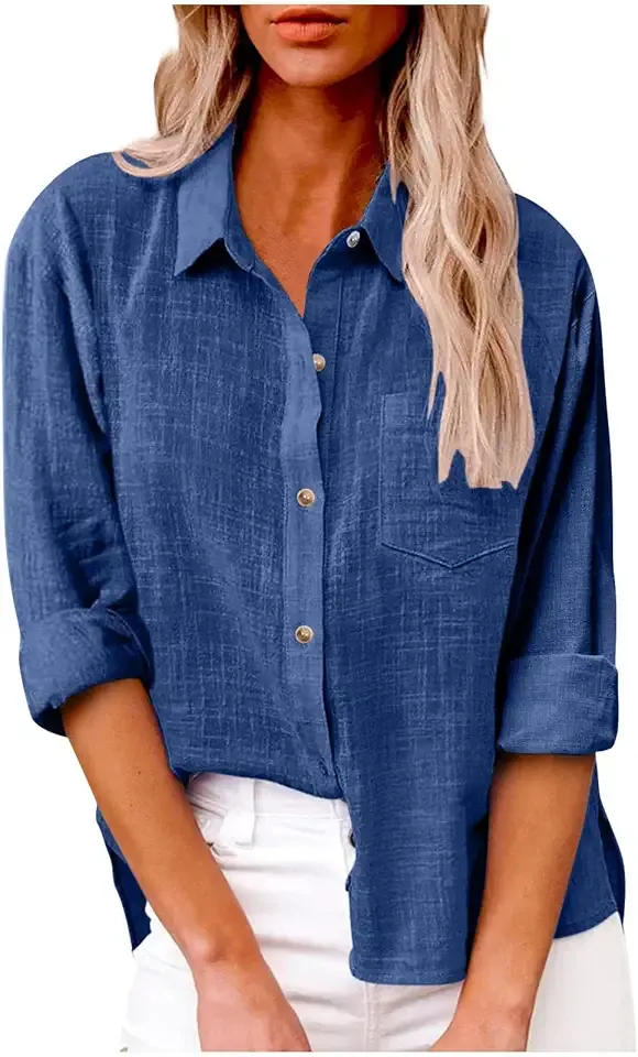 Linen Shirts for Women Summer Long Sleeve Lapel Button Down Blouse Lightweight Gauze Loose Casual Fashion Shirt Clothes
