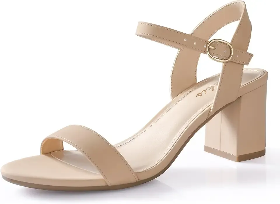 Women Nude White Black Gold Silver Open Toe Block Heel Sandal Casual