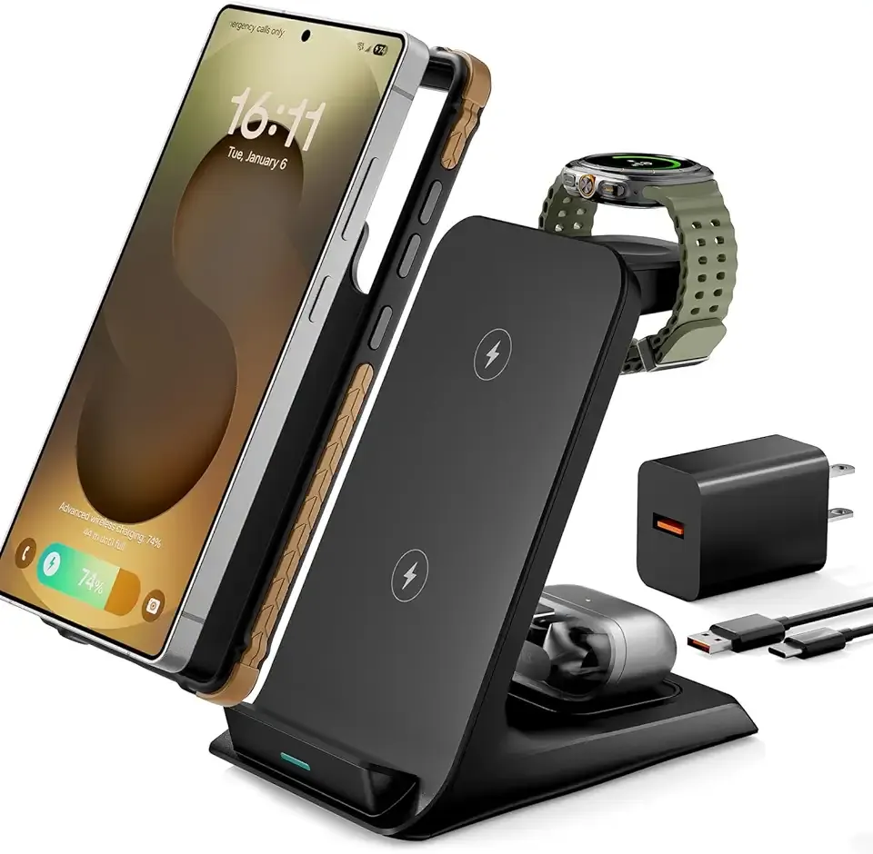 3 in 1 Charging Station for Samsung for Thick Cases of 10MM/Otterbox/Heavy Duty, Wireless Charger for Samsung Galaxy S26 Ultra/S25/S24, Phone Charger Stand for Galaxy Watch and Buds(Black)