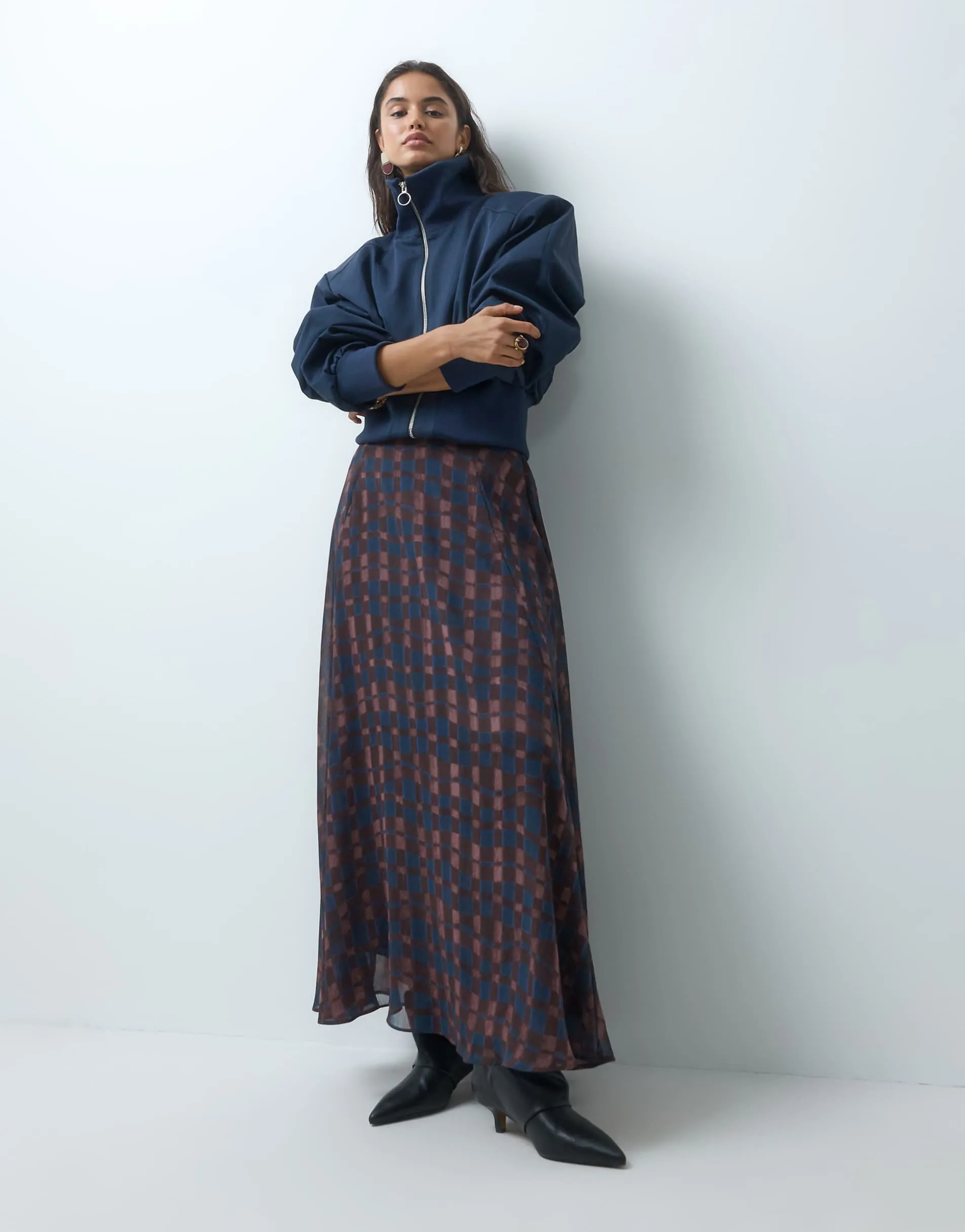 Nobody's Child Madden chiffon pleated volume maxi skirt in blue and burgundy check