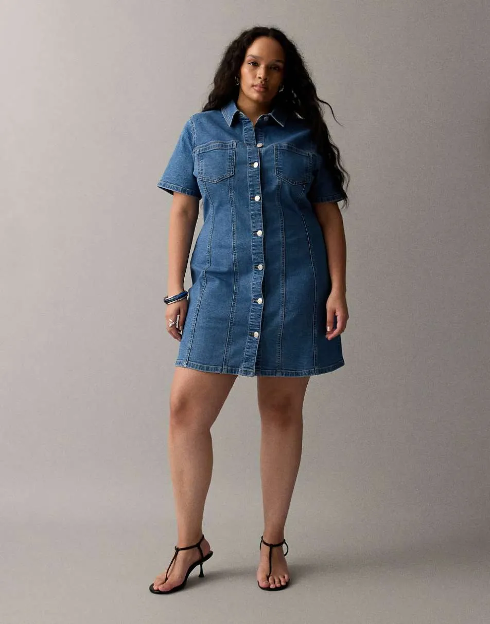ASOS DESIGN Curve denim fitted shirt mini dress in mid blue
