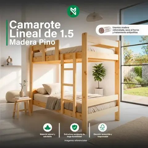 Combo: Camarote de Pino Natural de 1.5 plz + 2 Colchones