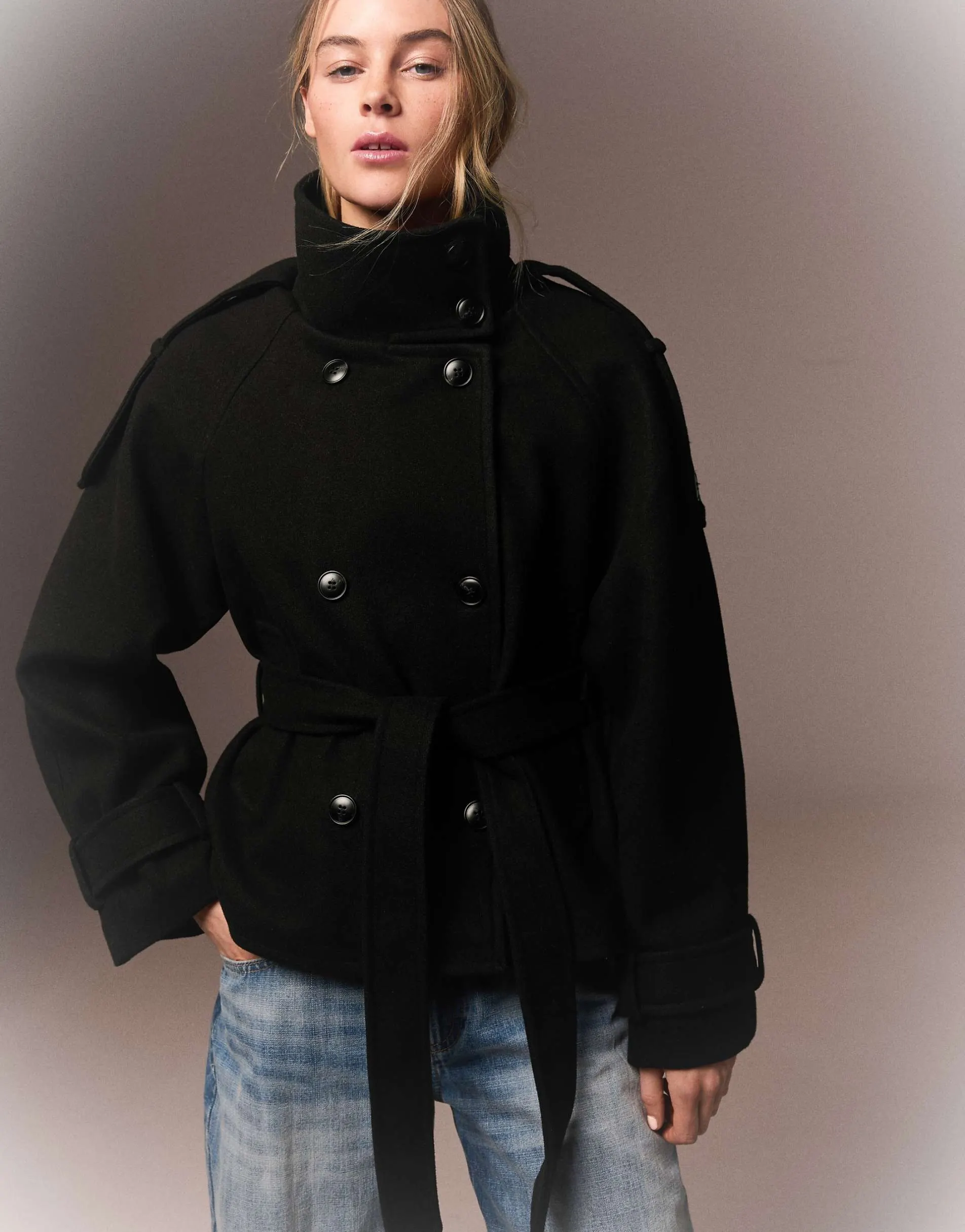 Bershka Funnel neck trench jacket in black