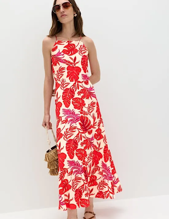 Leaf Print Strappy Midaxi Cami Dress