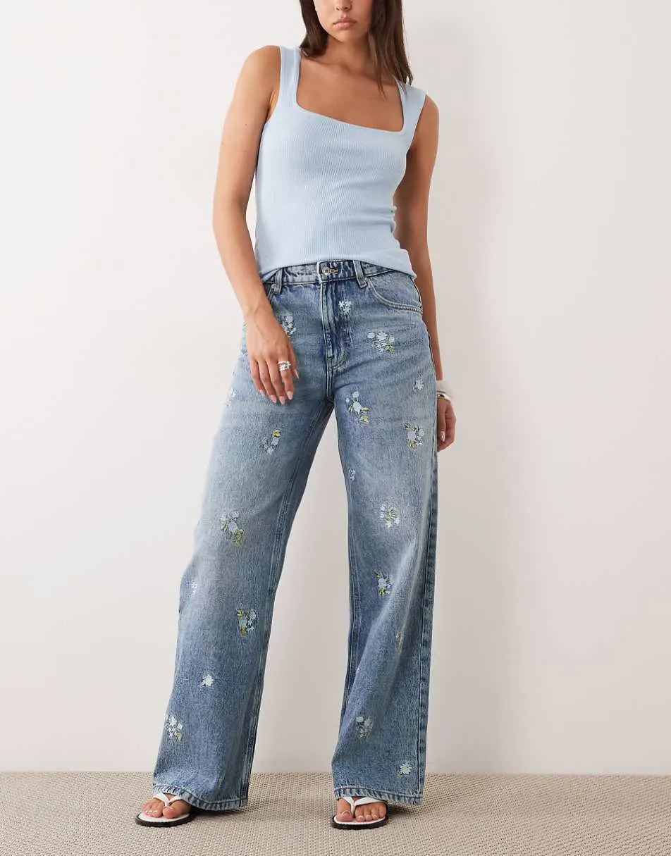 Mango Beverly cotton mix straight jean with floral embroidery in blue