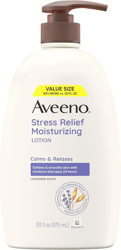 Aveeno Stress Relief Moisturizing Body Lotion 33 Fl Oz, Lavender Scent with Prebiotic Oat, Hydrating 24-Hour Moisturizer Non-Greasy for Dry Sensitive Skin, Paraben & Dye Free, Calming & Relaxing