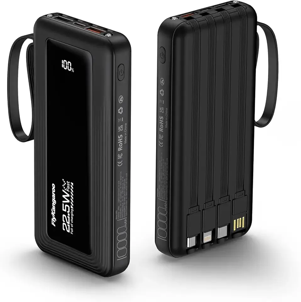 Portable Charger with Built in Cables, Power Bank 10000mAh | Built in 4 Cables, Slim, 22.5W Fast Charging, USB C LED Display, 6 Outputs & 2 Inputs, Flashlight