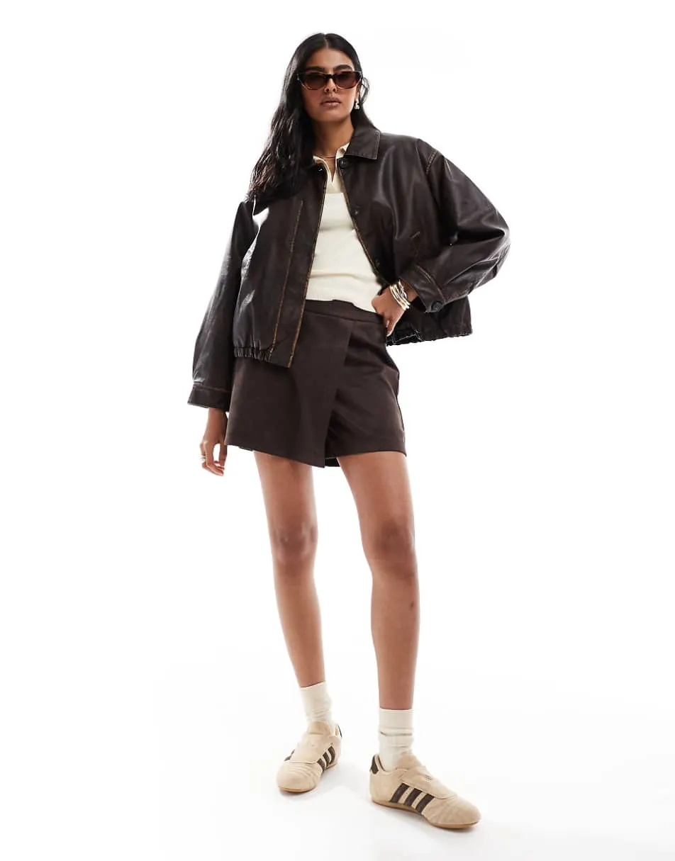 ASOS DESIGN vintage wash leather look bomber jacket in brown