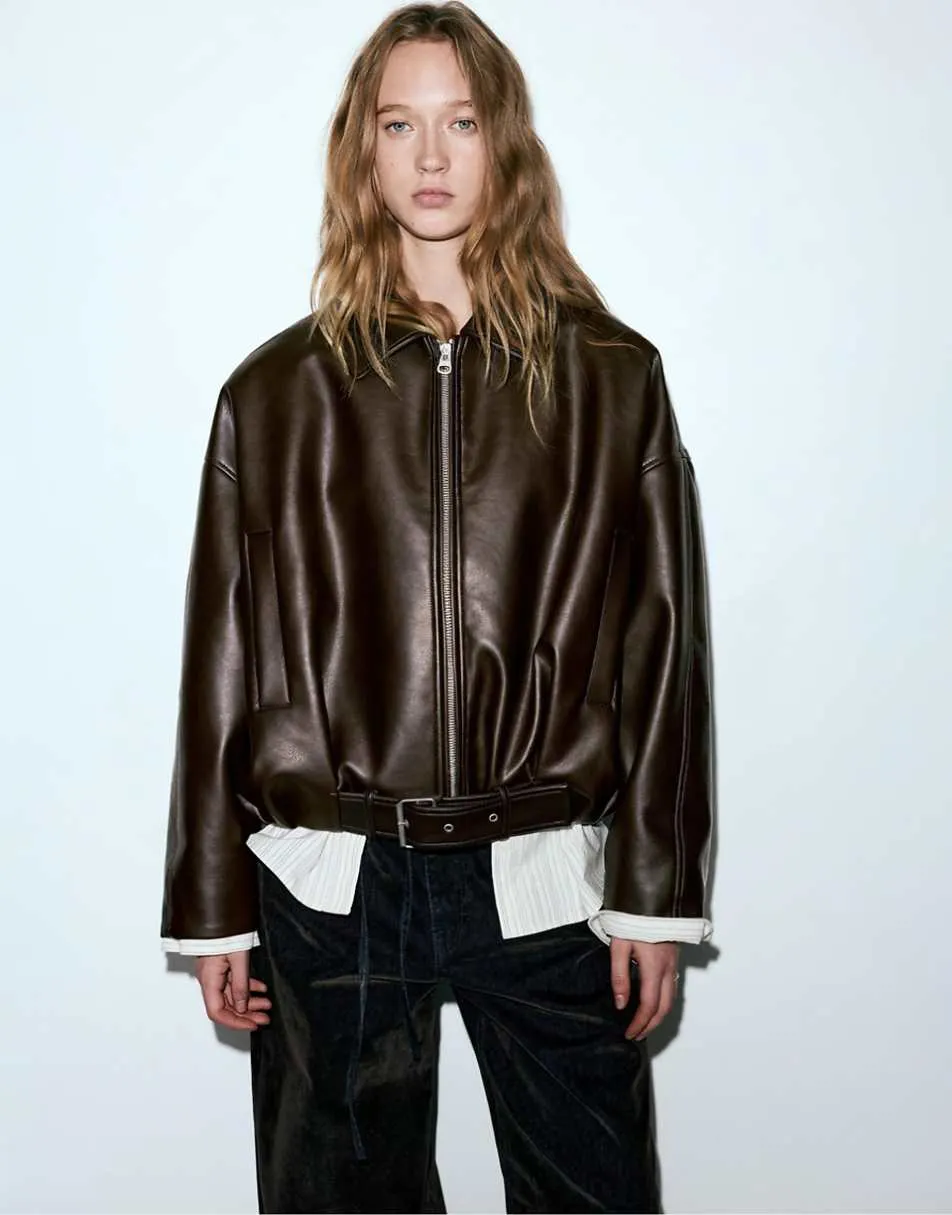 Pull&Bear Leather effect balloon bomber jacket in chocolate
