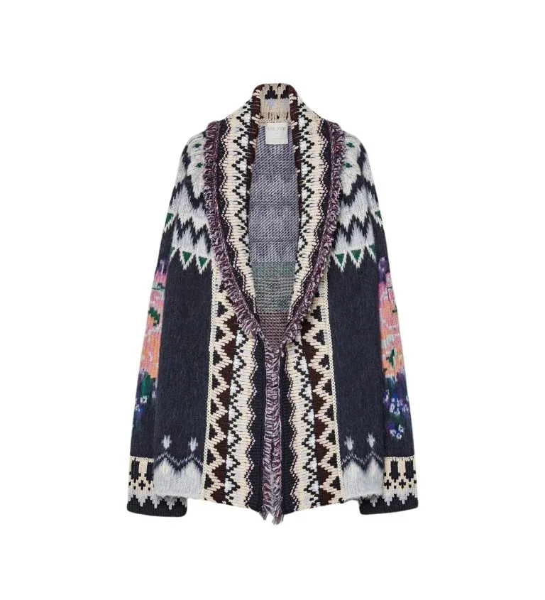“The Highlands Garden” Oversized Jacquard Cardigan - Marine