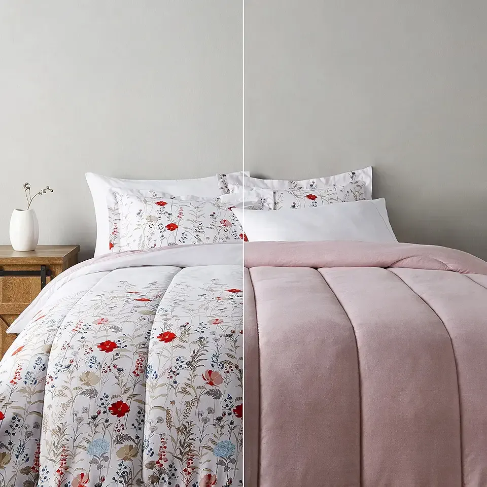 Amazon Basics Full/Queen Size Comforter Sets, Ultra-Soft Lightweight Microfiber Reversible 3-Piece Bedding, Pink Floral