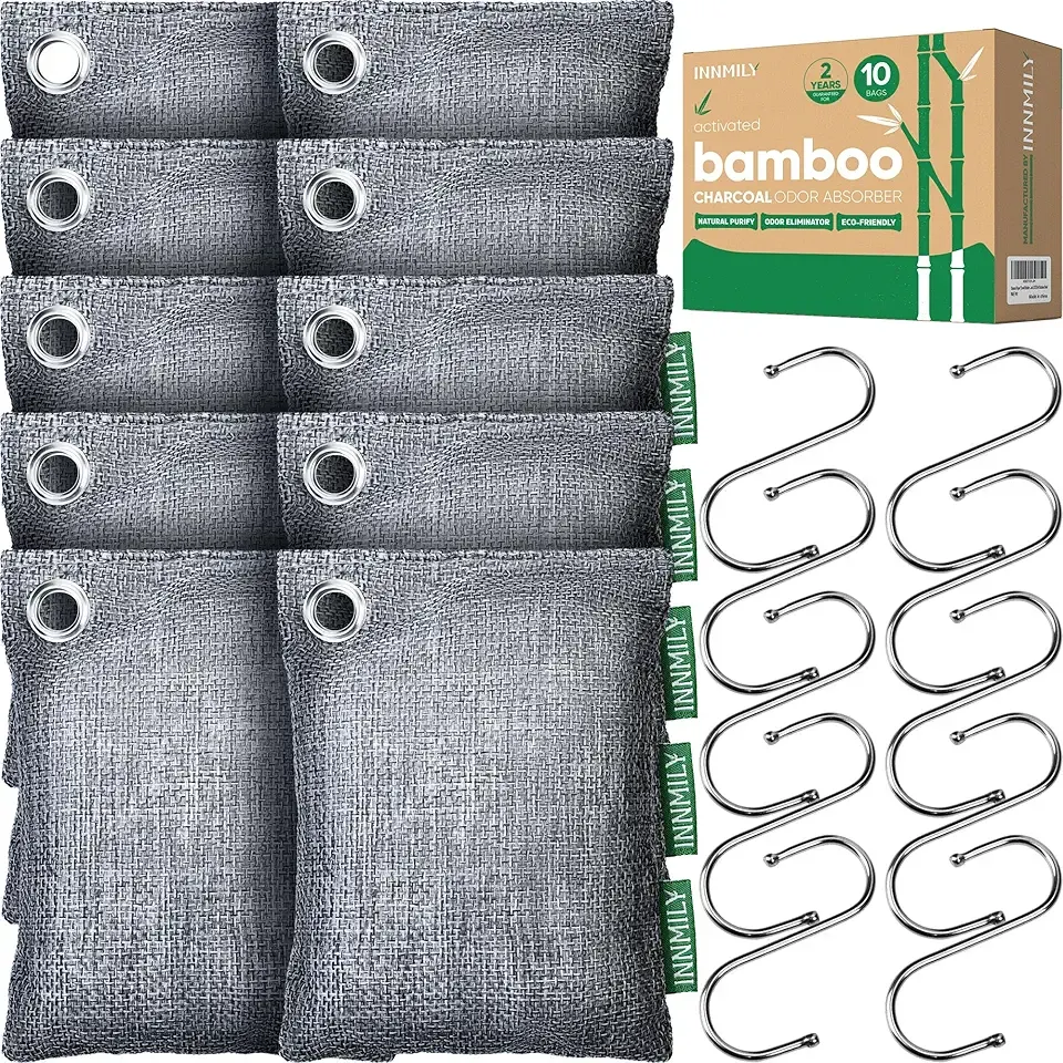 Activated Charcoal Odor Absorber, Large 10 Pack w Hooks Nature Odor Remover for Strong Odor, Bamboo Charcoal Air Purifying Bags, Odor Eliminator for Home Car Closet Pet, Smoke Deodorizer