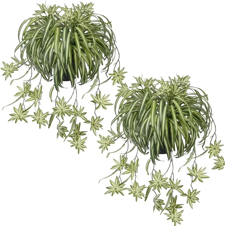 2 Packs Fake Spider Plant Indoor Artificial Potted Silk Plants Faux Vine Plant for Home Office Livingroom Desk Shelf Mantle Decoration