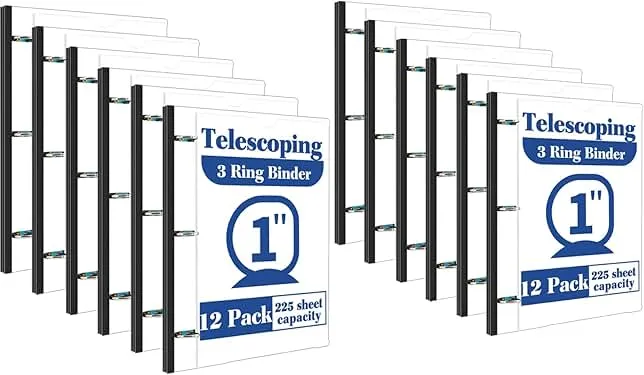 INFUN 1 Inch Telescoping 3 Ring Binder -12 PCS-White, Flexible Binders with Customizable Front Cover and Clear Catalog Pocket, 1Inch Rings, 225 Sheet Capacity