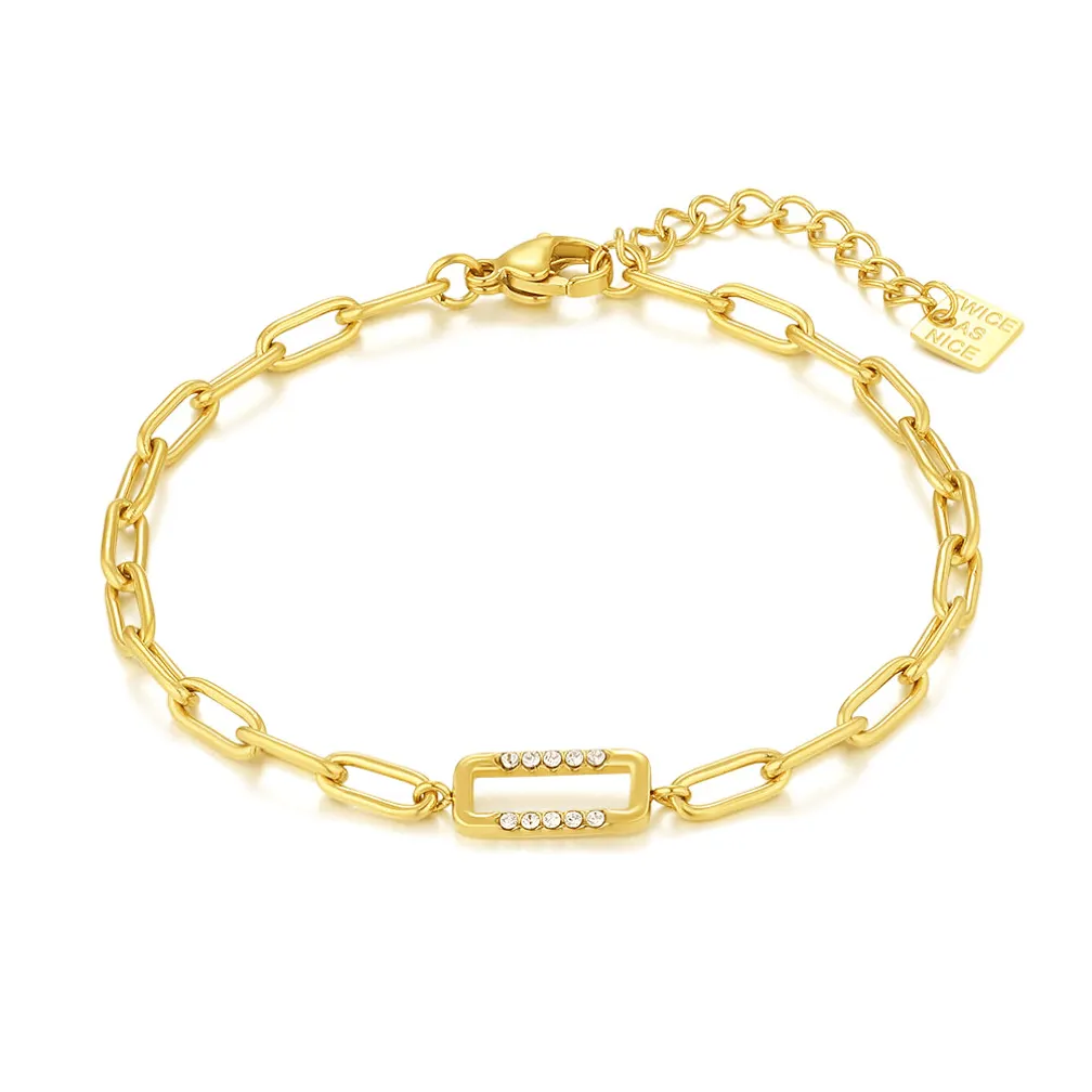 Armband in goudkleurig edelstaal, open rechthoek, kristallen