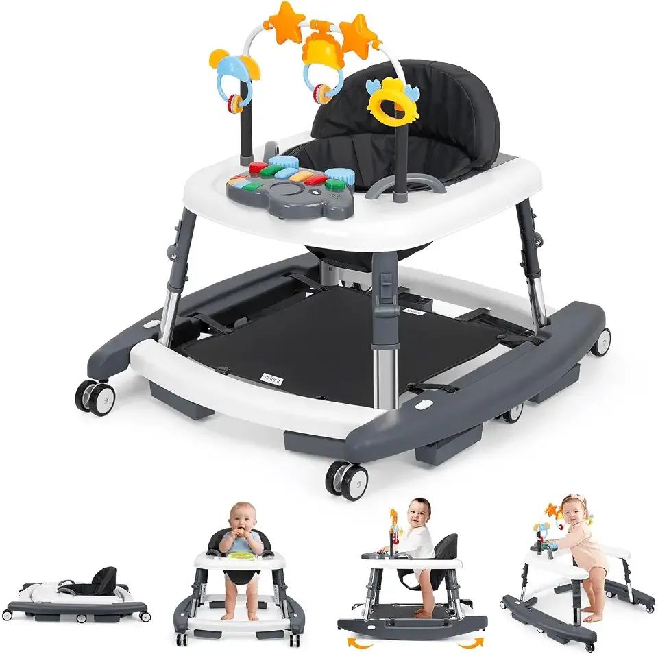 5 in 1 Baby Walker Foldable Music and Lights with 5 Adjustable Heights, Baby Walker with Wheels Portable, Infant Toddler Walker for Baby Boy Girls 6-18 Months (D-Grey)