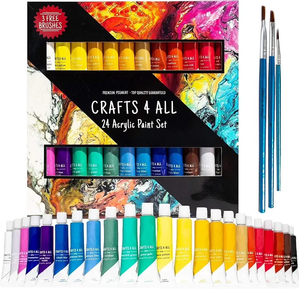 Acrylic Paint Set for Adults and Kids - 24 Pack of 12mL Paints with 3 Art Brushes, Non-Toxic Craft Paint for Easter Eggs, Ceramic Rock Paint - Art Supplies