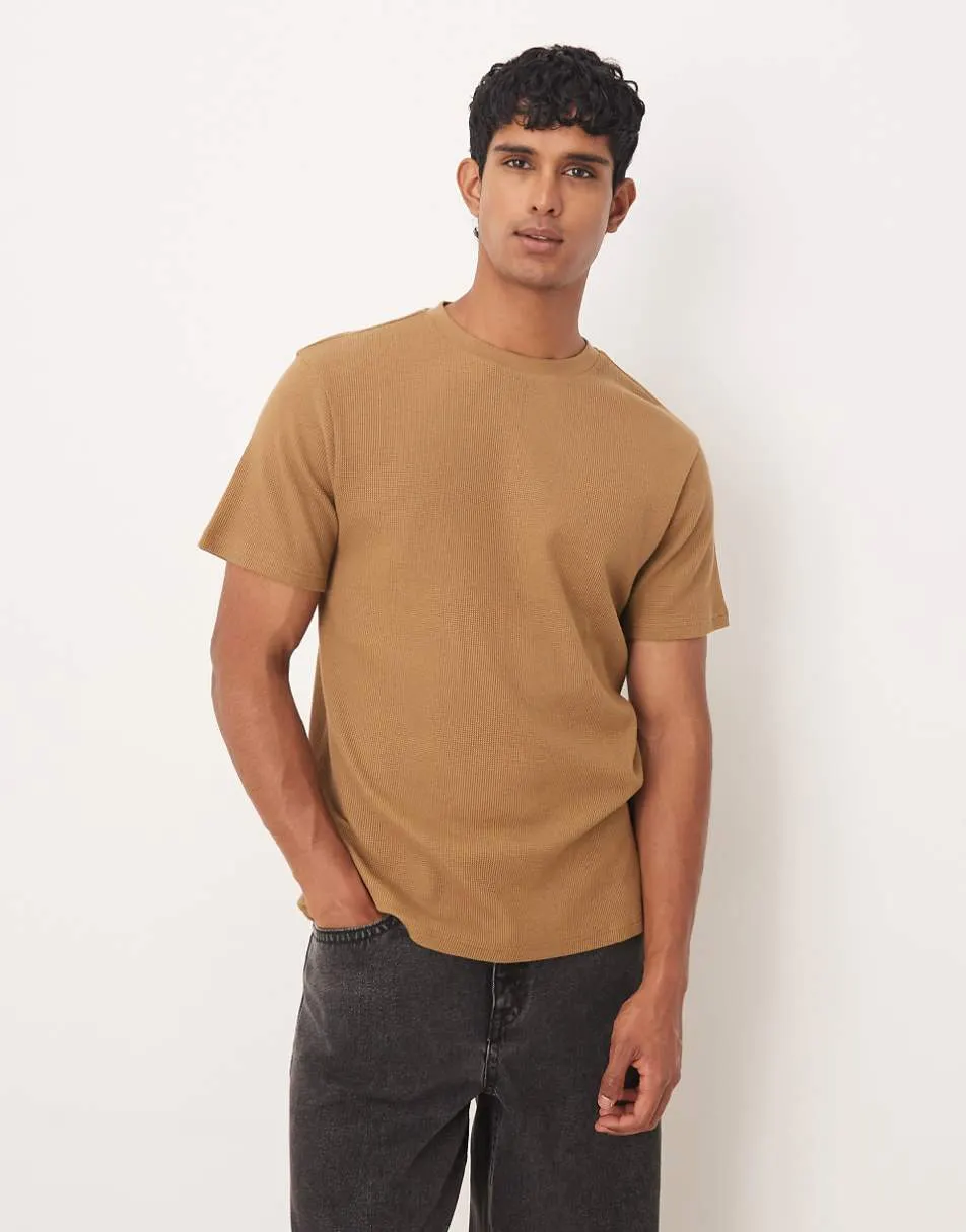 ASOS DESIGN crew neck t-shirt in brown waffle