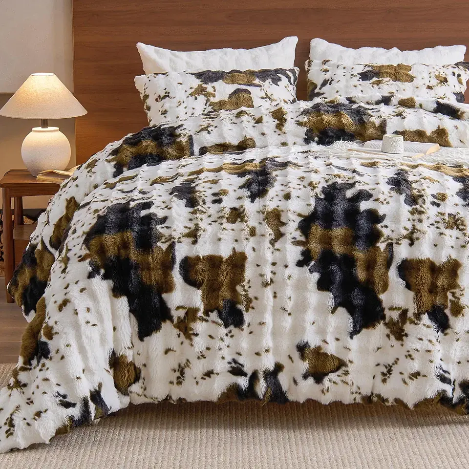 EMME Fluffly Faux Rabbit Fur Bubble Comforter Set Queen, Cow Print | Luxury Plush Bedding Set 2 pcs, Warm & Cozy, Soft Fuzzy Thick Comforter Sets for Winter, with 1 Pillowcases, Warm Gift