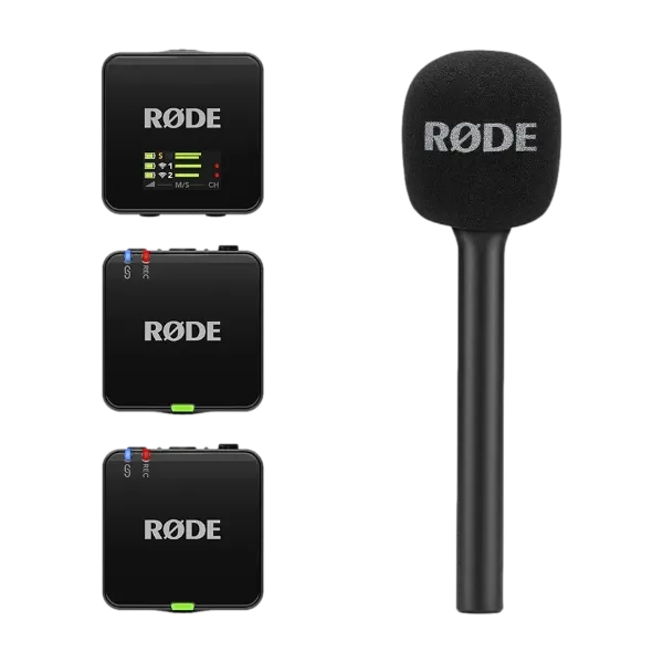 RØDE Wireless GO Gen3 trådløst mikrofonsystem (2 TX + 1 RX) + Interview Go håndholdt adapter, svart