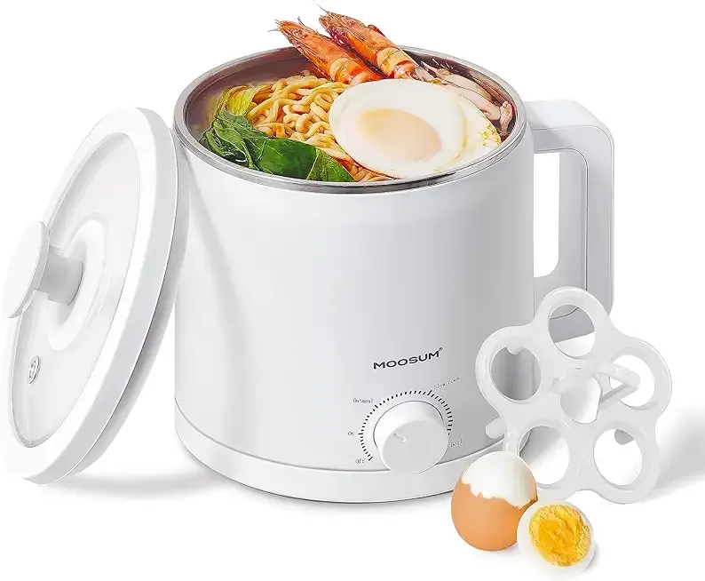 MOOSUM Mini Electric Hot Pot, Fast Cooker for Ramen/Soup, Stainless Steel with over-heating Protection, Perfect for Student & Single, 1.5L White