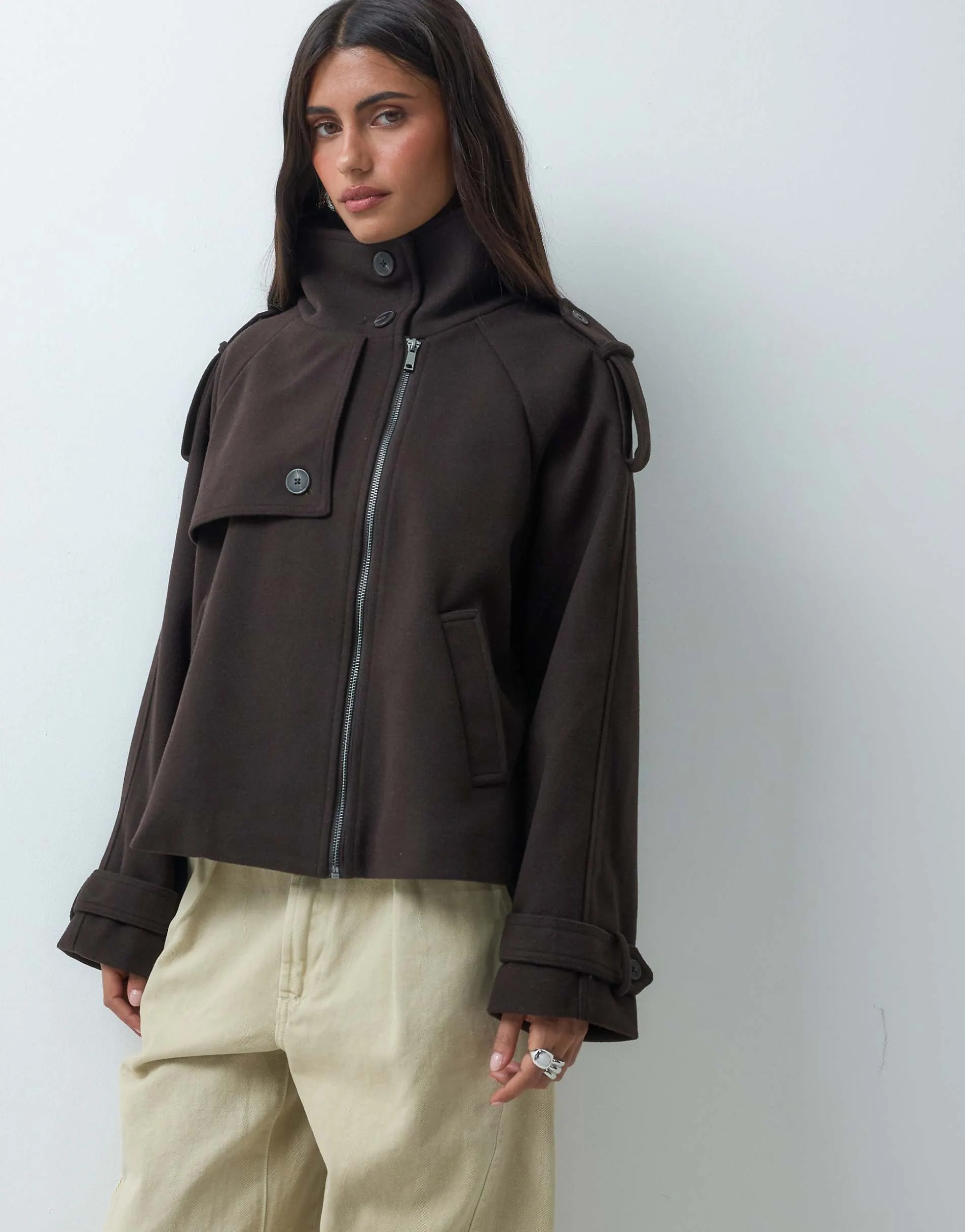 ASOS DESIGN funnel cropped cape formal coat in dark brown