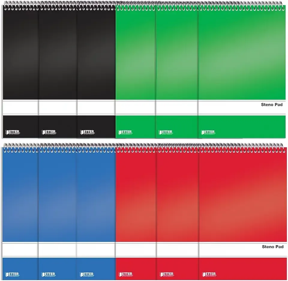 Better Office Products Spiral Steno Pads, 12 Pack, 6 x 9 inches, 80 Sheets, White Paper, Gregg Rule, Assorted Solid Colors (Red, Black, Blue, Green), 12 Steno Notebooks