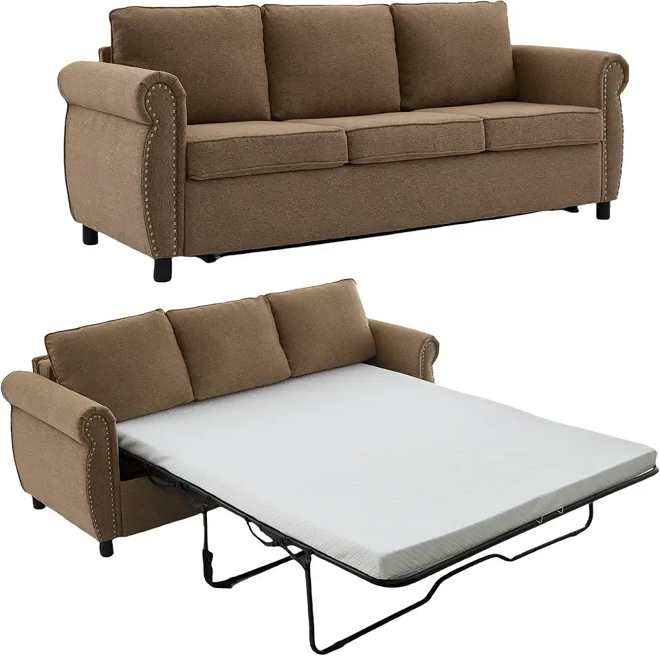 Pull Out Sofa Bed, Queen Sleeper Couch with Memory Foam Mattress, Large Sofa Sleeper Pullout Sofa Bed for Living Room Office (Brown, 81.5" Queen Size)