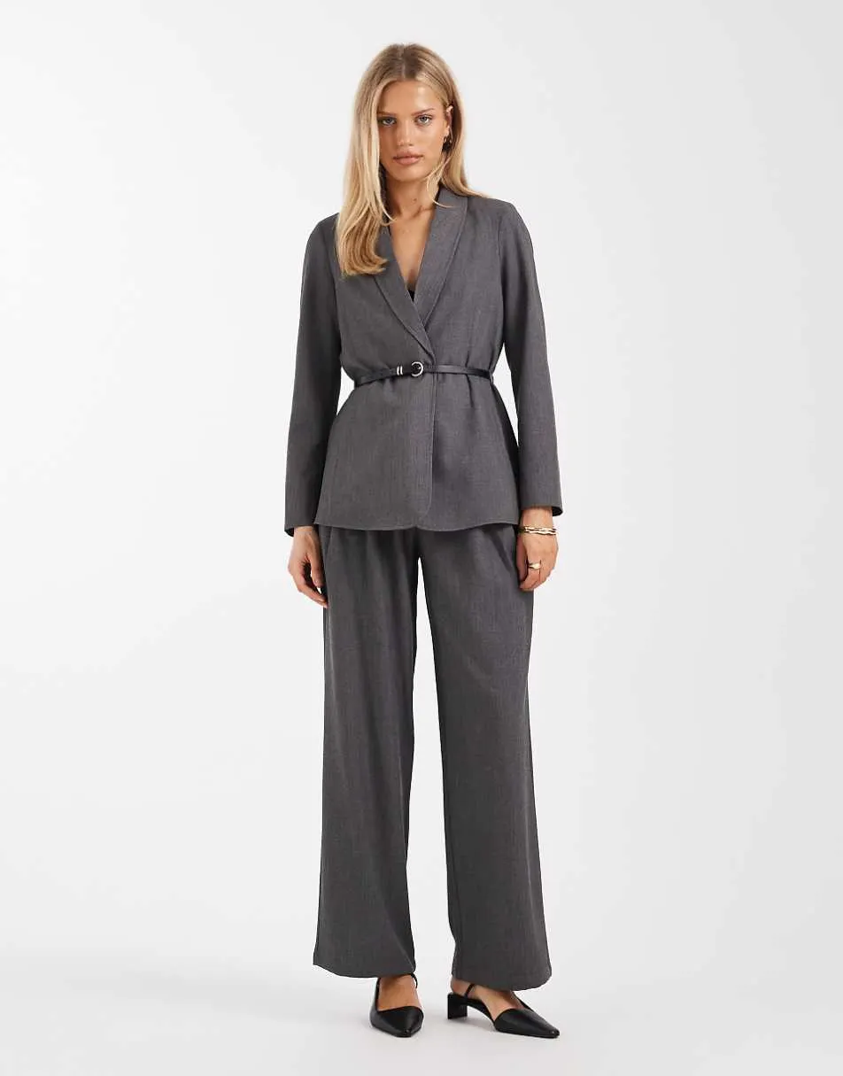 Vero Moda loose fit belted blazer and wide leg trouser set in dark grey melange