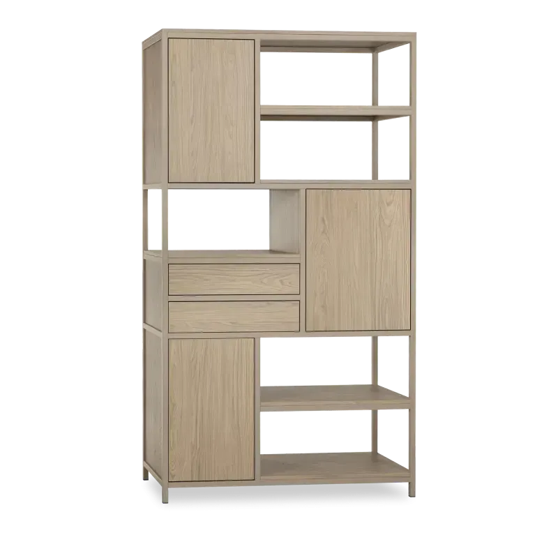 Wandkast Hero - 120 cm - Lamulux Old Oak - metaal stonegrey - 5 open vakken, 3 deuren, 2 laden