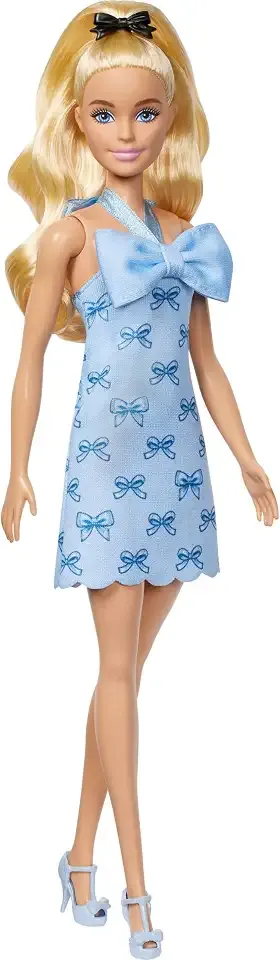 Fashionistas Doll #237 with Wavy Blonde Ponytail Wearing Blue Bow Halter Dress, Black Hair Bow Accessory and Matching Blue Heels | Blue Bow Halter Dress, Black Hair Bow Accessory, Matching Blue Heels