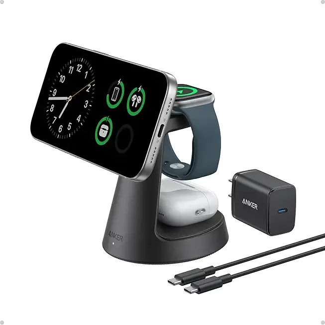 Anker MagSafe Charger Compatible, MagGo 3-in-1 Charging Station, Nano Charging Stand, Qi2 Certified 15W Magnetic Wireless Charger Dock, for iPhone17/16/15/14, Apple Watch,AirPods (Adapter Included)