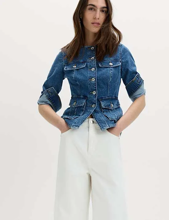 Denim Collarless Fitted Utility Jacket