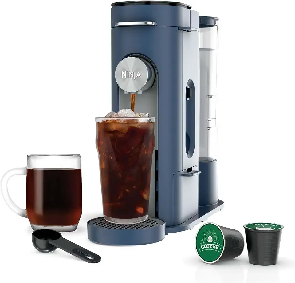 Pods & Grounds Iced Coffee Maker, K-Cup Pod Compatible, Navy, PB041NV | Single-Serve, Brews Grounds, Compact Design, 56-oz. Reservoir, 6-oz. Cup to 24-oz. Travel Mug Brew Sizes