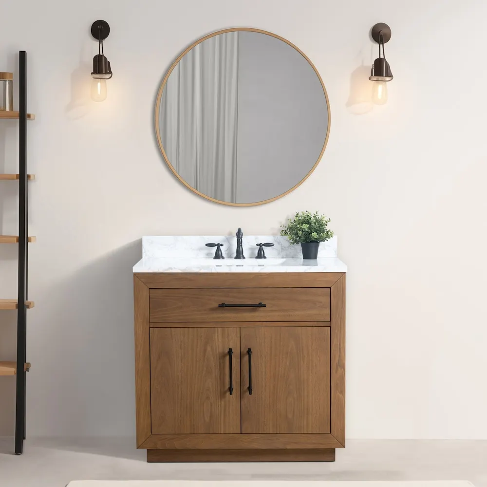 Vanity Art 36 inch W Single Sink Freestanding Bathroom Vanity in Tan with Engineered Marble Top