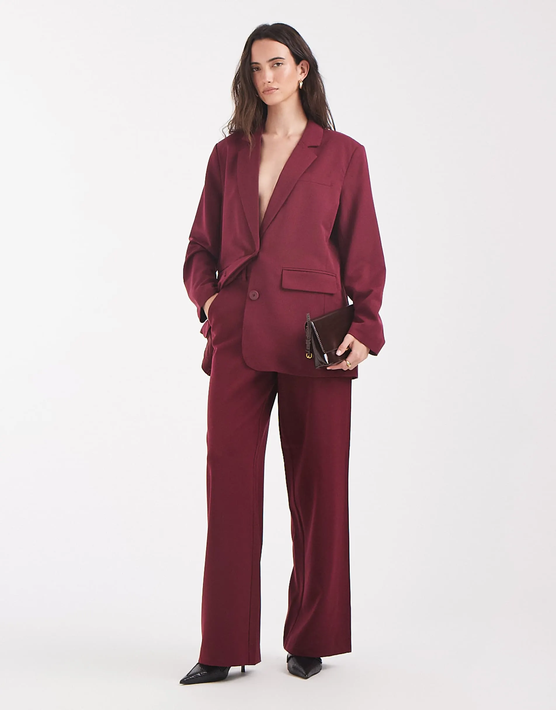 Pieces wide leg dad trousers with belt loops co-ord in burgundy