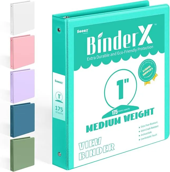 BinderX 3 Ring Binder 1 Inch, 1" Clear View Binder, Aqua Blue, Letter/ A4 | Extra Durable, PVC-Free, Customizable, Interior Pockets, 175…