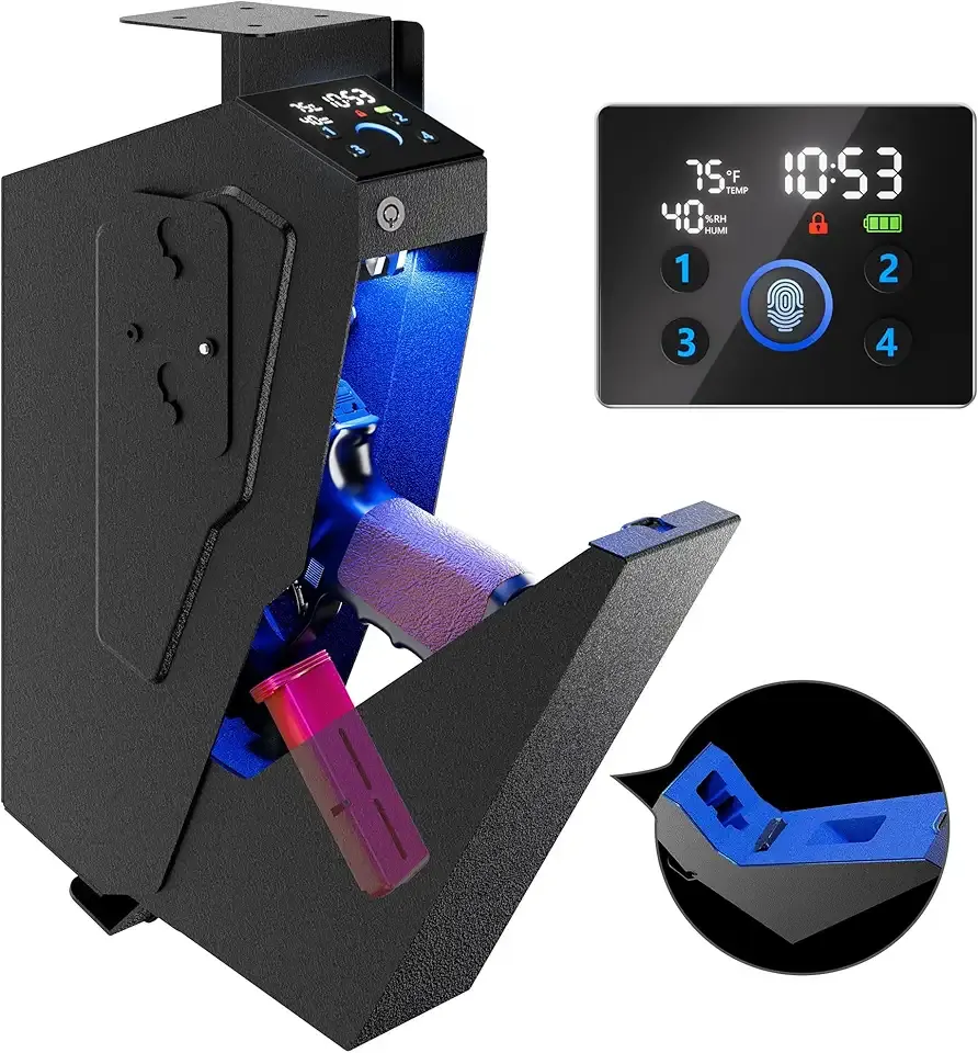 Quick Access Biometric Bedside Gun Safe for handgun, 2 in 1 Mounted Drop Down Nightstand Pistol Safe with Fingerprint & Passcode & Key 3 Ways