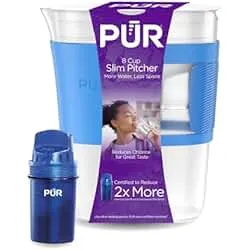 PUR Slim Water Filter Pitcher, 8-Cup Capacity, Compact Design for Dorms & Mini Fridges, Dishwasher Safe, Fast Filtration, Includes 1 Filter, Cleaner Great-Tasting Drinking Water, Blue