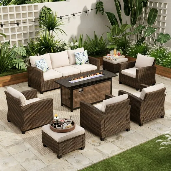 Sophia & William 8 Pieces Wicker Patio Furniture Set with 56" Fire Pit Table 9-Seat Outdoor Conversation Set , Beige