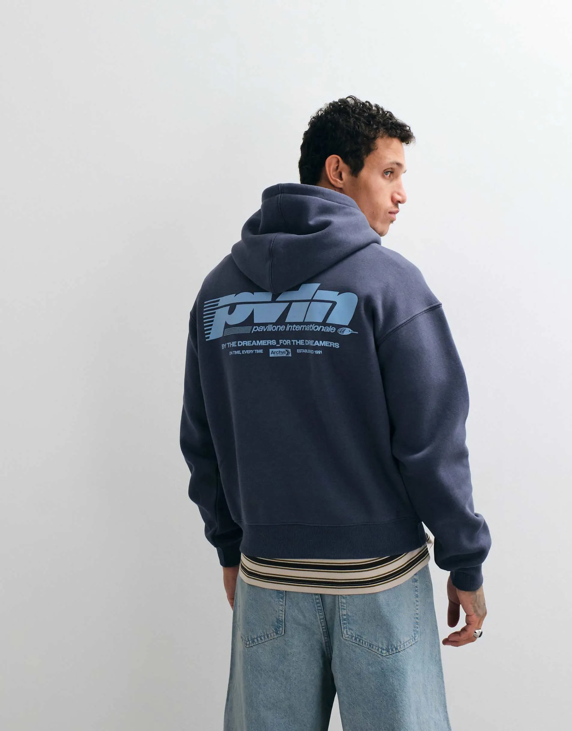 Cotton On box fit graphic hoodie in denim blue