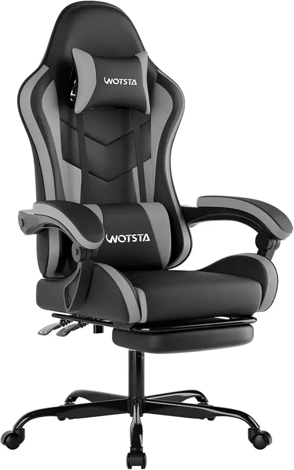 Ergonomic Gaming & Office Chair, Footrest, Racing Design Black/Grey | PVC with headrest,lumbar, Adjustable Height recliner for adults 2D-Linkage Armrests for 300LBS