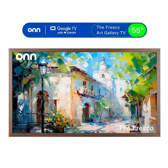Deal, onn 55" The Fresco Art Gallery 4K UHD Google TV with Gemini, Walnut Frame and Mounting Kit Now $448.00 Was $548.00