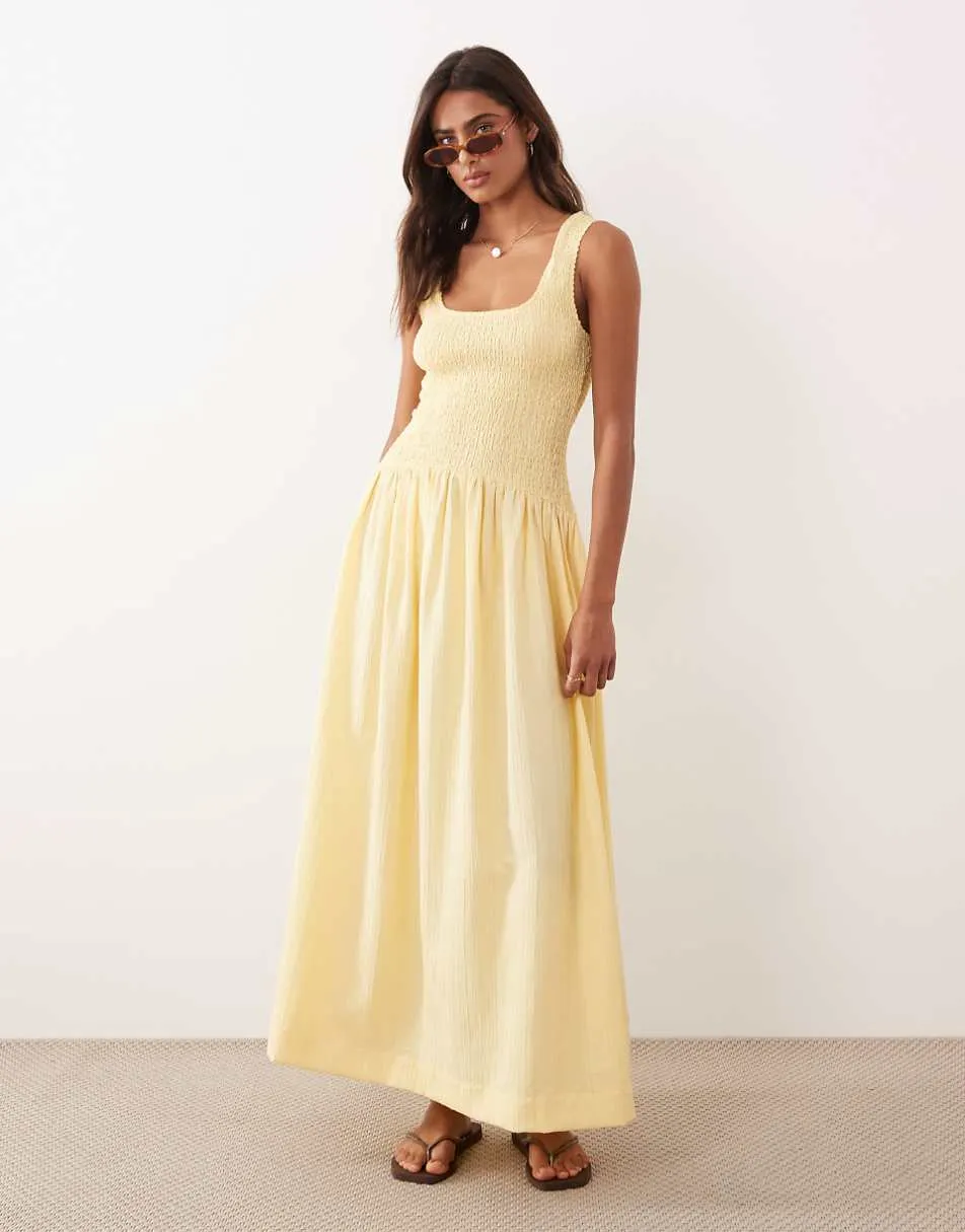 ASOS DESIGN crinkle scoop neck maxi sundress with shirred waist in lemon