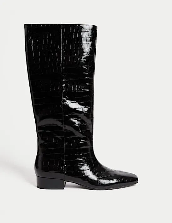 Patent Croc Block Heel Knee High Boots